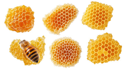 Poster - Variety of Honeycombs and Bees Isolated on a White Background Generative AI