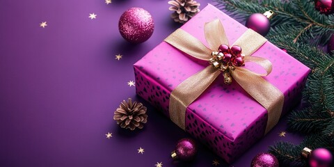 Holiday Celebration: Festive Red Christmas Gift Box with Golden Decorations on a Shiny Purple Background