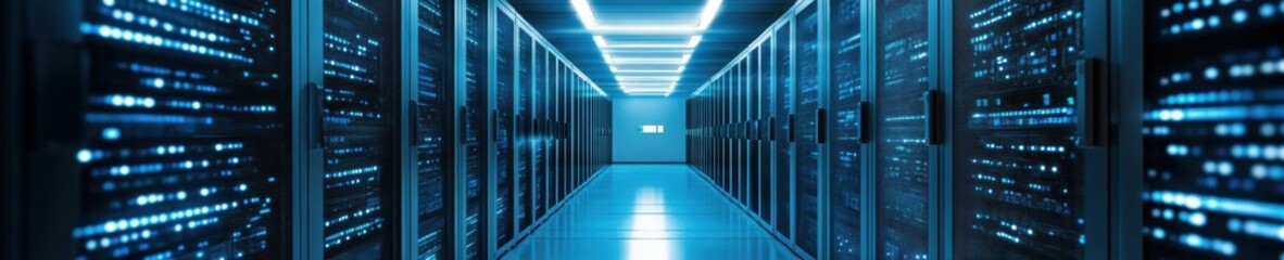  Blue server room in technology data center. Technical photography. Network and data security concept