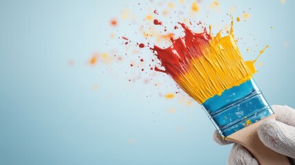 A paintbrush loaded with red and yellow paint creates an energetic splash against a blue background, symbolizing artistic flair and spontaneous creativity.