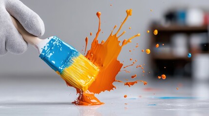 A paintbrush in a gloved hand delivers a splash of blue and orange paint onto a surface, encapsulating the vitality and vibrancy of modern creativity.