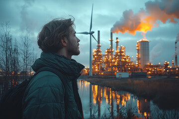 Poster - a wind turbine beside an oil refinery, representing the transition from fossil fuels to renewable en