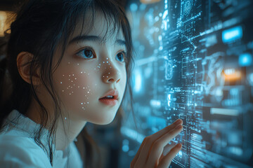 Poster - A student learning from an AI-powered tutor at home, representing the personalization of education. Concept of AI in personalized learning.