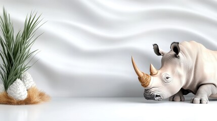 A detailed depiction of a rhinoceros in a minimalistic setting with dynamic wavy white backdrop and plants, reflecting calmness and simplicity.