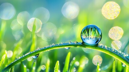 Wall Mural - a drop of water sits atop green grass, dotted with more water drops on blades of grass below