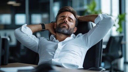 In an office space, a businessman in a white shirt leans back in his chair with eyes closed, exuding relaxation and calm amidst a busy day.