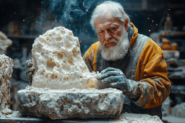 Poster - a sculptor creating a masterpiece from a block of stone, symbolizing the transformation of raw mater