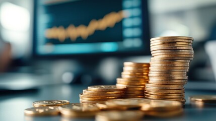 A stack of gold coins is positioned in the foreground, while a blurred digital financial chart displays shifting market trends in the background on a computer screen.