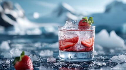 A refreshing drink featuring fresh strawberries and ice is set against a picturesque icy landscape, embodying a sense of coolness, refreshment, and natural beauty.