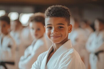 Wall Mural - Young boys practicing judo and jiu-jitsu indoors at a kids' sports club, engaging in martial arts education to build discipline, strength, and self-defense skills in a structured environment..