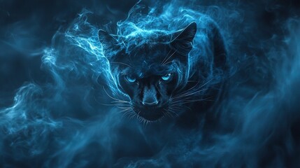 Wall Mural -   A detailed image of a black cat with piercing blue eyes against a dark backdrop, surrounded by wisps of smoke in the foreground