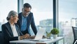 © l1gend - Two busy professional business people working in office with computer. Middle aged female executive manager talking to male colleague having conversation showing software online solution on laptop