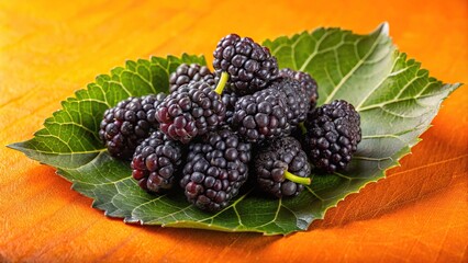 Wall Mural - Ripe black mulberries on fig leaf with orange background