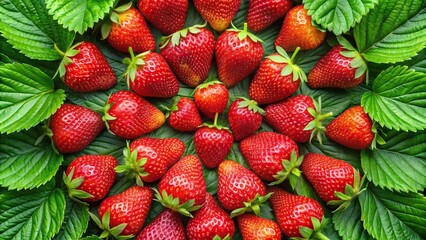 ripe red strawberries on a green leaf background