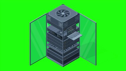 Poster - isometric server animation. server racks. server boxes isolated. network server room. computer netwo