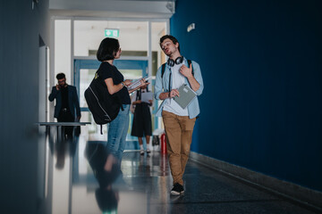 Poster - Two students chat in a school hallway, one carrying a backpack and the other with headphones, during class breaks.