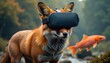 © Professional Stock - Fox using VR glasses while standing over an isolated salmon background.