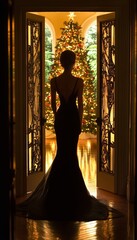 Silhouette of a woman in a long black gown standing in a doorway with a decorated Christmas tree in the background.