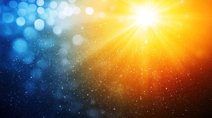Poster - Gentle sunlight pierces through a cloud of sparkling particles, creating a warm glow against a captivating gradient of blue and orange hues in a mesmerizing display