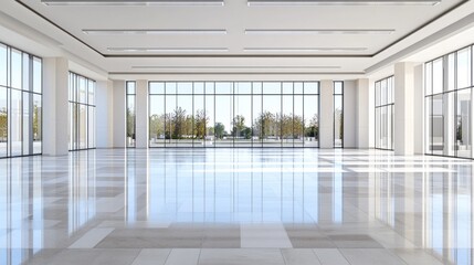 Poster - A bright and airy interior features expansive glass windows that allow natural light to flood the open space. The view reveals lush greenery and a clear sky outside