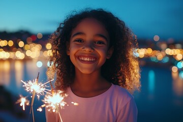 A young girl with curly hair smiles brightly as she holds sparklers in front of a city skyline at night.