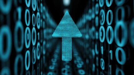Poster - A vibrant blue arrow points upwards, surrounded by a cascade of binary numbers in various shades. The visualization portrays the concept of digital communication and technology