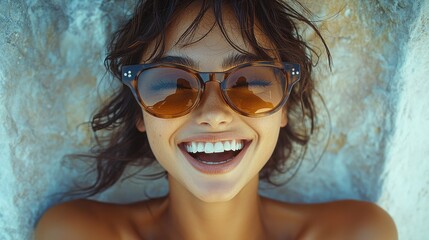 A woman with sunglasses enjoying a sunny beach day, radiating joy and happiness on a vibrant summer afternoon