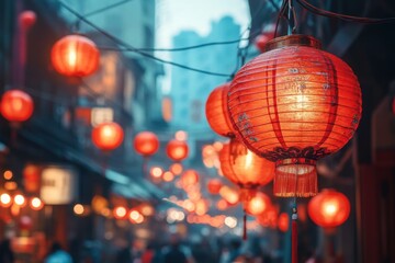 chinese new year celebration, colorful chinese lanterns lighting up a lively street market, filled with bustling activity and festive new years eve cheer