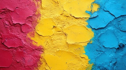 Poster - A textured wall displays vibrant hues of red, yellow, and blue, creating an abstract design that evokes a sense of creativity and artistic expression. The rich colors enhance the visual appeal