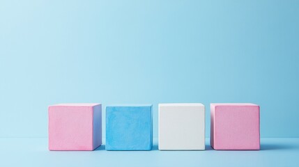Poster - Pastel-colored cubes, including pink, blue, and white, are neatly arranged against a light blue background, creating a clean and modern aesthetic that emphasizes simplicity and color contrast