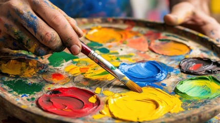 Poster - An artist's hand skillfully mixes bright paints on a palette, showcasing a variety of colors. The studio is lively, filled with artistic materials and inspiration