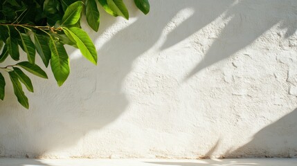 In the afternoon light, the shadows cast by vibrant green leaves fall softly on a textured white wall, creating a tranquil and calming environment, perfect for relaxation