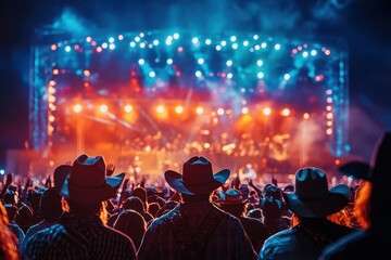 Wall Mural - A lively country music festival showcasing cowboys in hats and boots, set against a rodeo backdrop, 