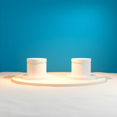 2 round podiums on light sand floor hight blue background for product presentation ultra realistic. Generative AI