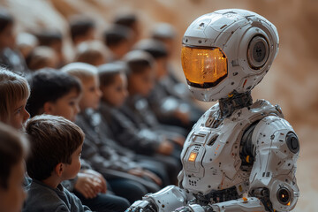 Poster - A robot teacher assisting a class of children, representing the role of AI as a teaching assistant. Concept of AI in education.