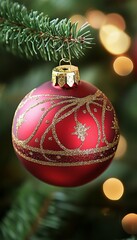 A close-up of a red Christmas ornament with gold glitter accents hanging on a Christmas tree.