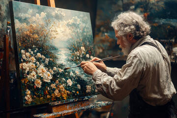 Poster - A painter creating life-like landscapes on a canvas, symbolizing the act of creation. Concept of artistic creation.