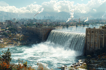 Poster - a hydroelectric plant powering an industrial city, symbolizing the industrial use of renewable energ