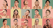 © Prostock-studio - A joyful gathering of women from various backgrounds engaging in skincare routines, each expressing happiness while applying products to their faces against colorful backgrounds.