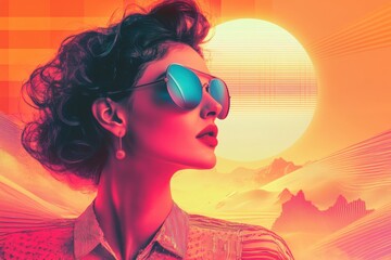 Aufkleber - retro futuristic illustration, digital art of a stylish retro woman in a futuristic setting with geometric patterns and room for text
