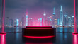© Tark - Cyberpunk photo of in the foreground is a 3D rendering of a neon podium for product demonstrations, futuristic technological, against the background of magnificent view of the night city Generative AI