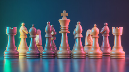 Colorful chess pieces arranged on a board