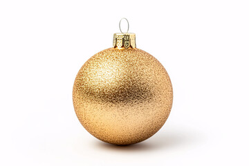 Single golden glittering Christmas bauble ornament on white  background