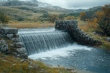 A dam generating power from a flowing river, representing the power of water as a renewable energy source. Concept of hydropower.