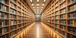 © boxs - Serene aisle bookshelves modern library soft lighting warm ambiance wide-angle