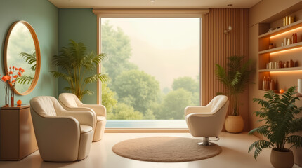 Poster - A cozy living room features two stylish chairs facing a large window, revealing a serene view of trees bathed in gentle morning light