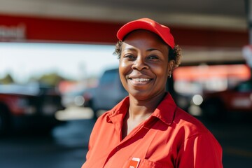 Wall Mural - Portrait of a middle aged African American female worker at gas station