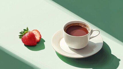  A cup of coffee and strawberry on a green and white table with shadowed cup and saucer