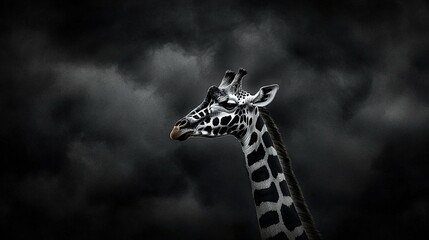 Canvas Print -  A giraffe's head, close-up against a dark sky and cloudy backdrop