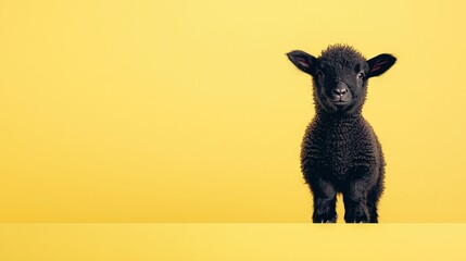 Wall Mural -   A yellow wall is visible behind a sad-faced, black sheep positioned atop a yellow background